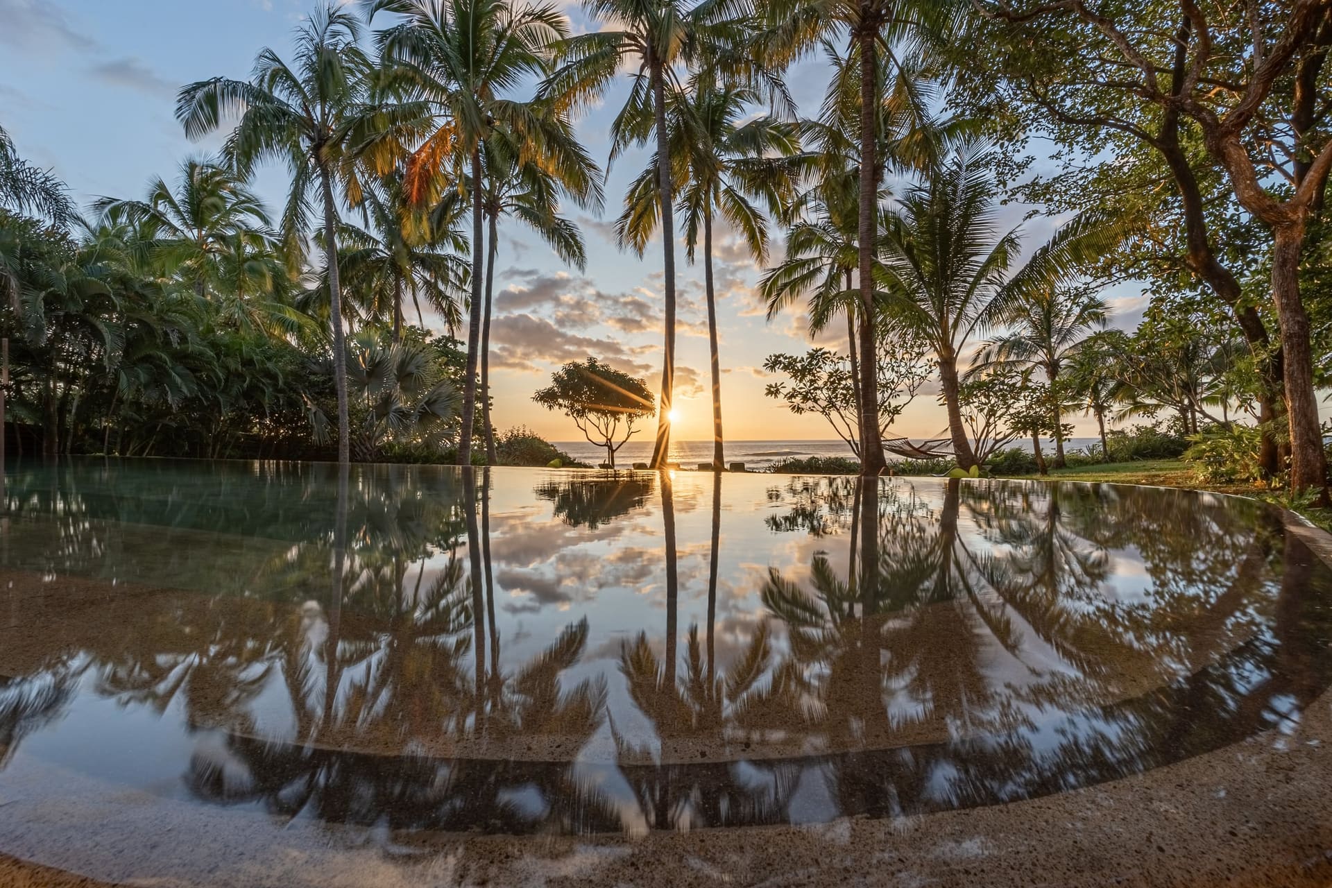 Piscina infinity de Villa Hermes reflejando las palmeras
